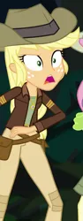 Size: 325x865 | Tagged: safe, derpibooru import, screencap, applejack, fluttershy, dance magic, equestria girls, spoiler:eqg specials, clothes, cropped, female, freckles, imagine spot, jungle, open mouth, pants