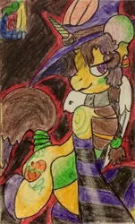 Size: 400x662 | Tagged: source needed, useless source url, safe, artist:andandampersand, derpibooru import, oc, oc:pumpkin witch emily, unofficial characters only, unicorn, belly button, candy, candy corn, cape, clothes, collar, dark background, food, hat, piercing, pumpkin, signature, stockings, thigh highs, traditional art, witch, witch hat