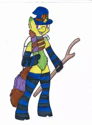 Size: 938x1280 | Tagged: safe, artist:fluffydusty, derpibooru import, oc, oc:pumpkin witch emily, unofficial characters only, semi-anthro, unicorn, candy, candy corn, cape, clothes, collar, food, hat, socks, solo, staff, stockings, striped socks, thigh highs, traditional art, witch, witch hat