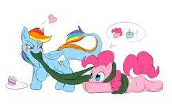 Size: 1280x773 | Tagged: suggestive, artist:glacierk, derpibooru import, pinkie pie, rainbow dash, monster pony, original species, tatzlpony, cake, food, heart, image, imminent vore, png, prehensile tongue, species swap, tatzldash, tentacle tongue, tentaclepie, tentacles