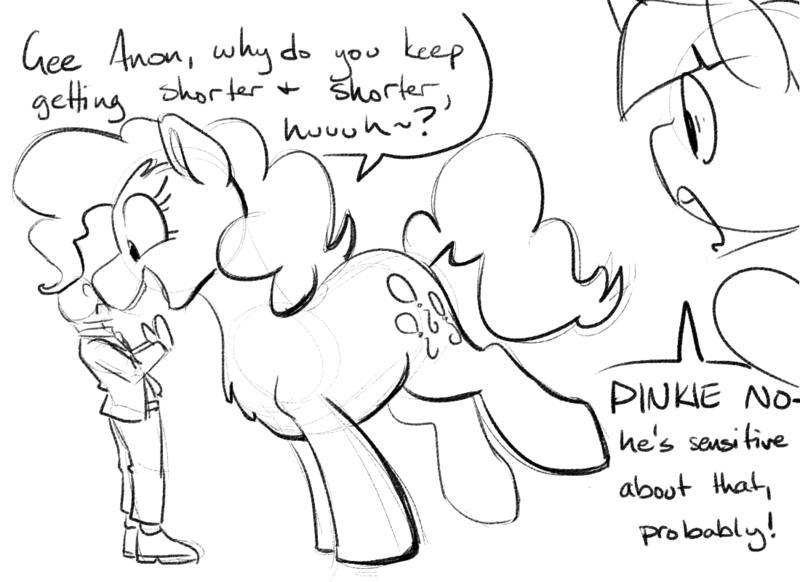 Size: 1100x800 | Tagged: safe, artist:goat train, deleted from derpibooru, derpibooru import, pinkie pie, twilight sparkle, oc, oc:anon, human, pony, dialogue, macro, micro, monochrome, size difference, sketch, uncouth