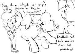 Size: 1100x800 | Tagged: safe, artist:goat train, deleted from derpibooru, derpibooru import, pinkie pie, twilight sparkle, oc, oc:anon, human, pony, dialogue, macro, micro, monochrome, size difference, sketch, uncouth