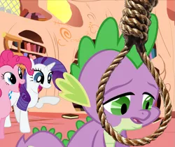 Size: 719x604 | Tagged: semi-grimdark, derpibooru import, edit, edited screencap, screencap, pinkie pie, rarity, spike, dragon, earth pony, pony, unicorn, abuse, female, go to sleep garble, golden oaks library, implied hanging, implied suicide, laughing, male, mare, moral event horizon, noose, out of character, ow the edge, pinkie prick, raised hoof, raribitch, rope, sad, shitposting, smiling, spikeabuse, suicide