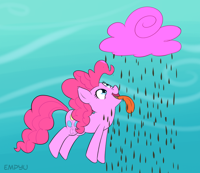 Size: 1000x867 | Tagged: safe, artist:empyu, derpibooru import, pinkie pie, earth pony, pony, 30 minute art challenge, chocolate, chocolate rain, cloud, cotton candy, cotton candy cloud, female, food, mare, open mouth, rain, solo, tongue out