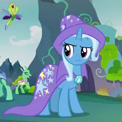 Size: 720x720 | Tagged: safe, derpibooru import, screencap, trixie, changedling, changeling, pony, to change a changeling, cropped, solo focus