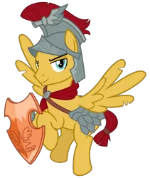 Size: 2700x3200 | Tagged: safe, artist:cheezedoodle96, derpibooru import, flash magnus, pegasus, pony, campfire tales, .svg available, armor, flying, helmet, lidded eyes, looking at you, male, netitus, royal legion, shield, simple background, smiling, solo, stallion, svg, torn wings, transparent background, vector