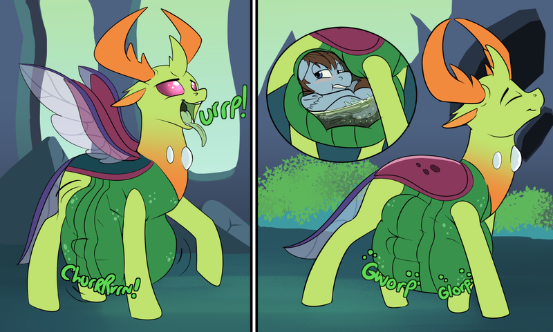 Size: 1460x878 | Tagged: grimdark, questionable, artist:swiftsketchpone, derpibooru import, thorax, oc, oc:swift sketch, changedling, changeling, belly, blushing, burp, changelings eating ponies, digestion, fetish, gorbfest, internal, king thorax, open mouth, stomach acid, stomach noise, tongue out, vore