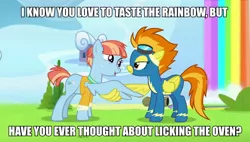 Size: 1200x681 | Tagged: suggestive, derpibooru import, edit, edited screencap, screencap, spitfire, windy whistles, pegasus, pony, parental glideance, bedroom eyes, caption, female, image macro, implied cunnilingus, implied oral, implied sex, innuendo, lesbian, mare, meme, text, wing hands, wingshake