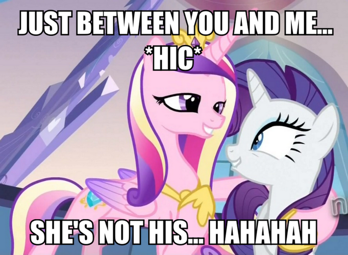 Size: 682x500 | Tagged: safe, derpibooru import, edit, edited screencap, screencap, princess cadance, rarity, alicorn, pony, unicorn, drunk, female, image macro, implied infidelity, infidelity, lidded eyes, mare, meme, princess cheatdance