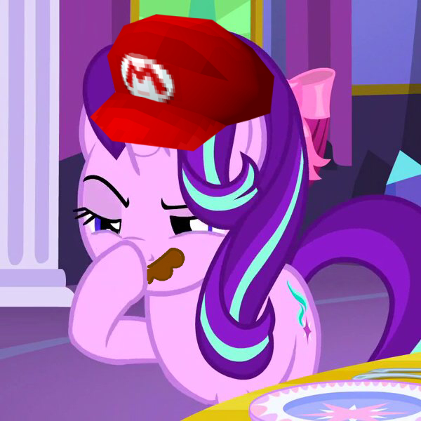 Size: 600x600 | Tagged: boop, derpibooru import, edit, edited screencap, exploitable meme, facial hair, glimmerposting, hat, mario, meme, moustache, nintendo, no second prances, safe, screencap, self-boop, starlight glimmer, super mario bros., super mario odyssey