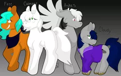 Size: 4000x2500 | Tagged: safe, artist:triplebiscuit, derpibooru import, oc, oc:ashes, oc:calmant, oc:cloudy, oc:free, unofficial characters only, earth pony, pegasus, pony, commission, gay, gradient background, gray, male, orange, white