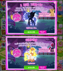 Size: 1334x1500 | Tagged: safe, derpibooru import, official, daybreaker, hoops, nightmare moon, tempest shadow, alicorn, pony, my little pony: the movie, advertisement, catasterism, costs real money, crack is cheaper, error, ethereal mane, female, fire, game screencap, gameloft, mane of fire, mare, pun, starry mane, wingless