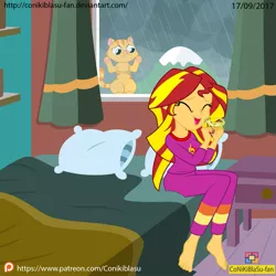 Size: 1367x1367 | Tagged: safe, artist:conikiblasu-fan, derpibooru import, ray, sunset shimmer, cat, gecko, leopard gecko, eqg summertime shorts, equestria girls, monday blues, pet project, barefoot, bed, clothes, cute, eyes closed, feet, open mouth, pajamas, patreon, patreon logo, pet, sad, shimmerbetes, stray, sunset's apartment, window