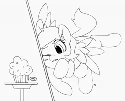 Size: 1280x1038 | Tagged: safe, artist:pabbley, derpibooru import, derpy hooves, pony, 30 minute art challenge, crash, cute, derpabetes, flying, food, monochrome, muffin, solo
