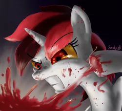 Size: 1448x1319 | Tagged: semi-grimdark, artist:soshyqqq, derpibooru import, oc, oc:blackjack, unofficial characters only, pony, unicorn, fallout equestria, fallout equestria: project horizons, fanfic, blackjack punches things, blood, fanfic art, female, gritted teeth, hooves, horn, mare, solo