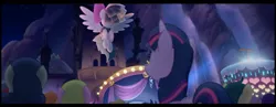 Size: 1344x522 | Tagged: safe, derpibooru import, screencap, aquamarine glow, songbird serenade, twilight sparkle, twilight sparkle (alicorn), unnamed pony, alicorn, earth pony, pegasus, pony, unicorn, my little pony: the movie, background pony, background pony audience, canterlot, female, mare, rainbow (song), stage