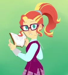 Size: 1000x1100 | Tagged: safe, artist:norman5452, derpibooru import, sunset shimmer, equestria girls, alternate hairstyle, book, clothes, clothes swap, crystal prep academy uniform, cute, glasses, looking at you, nerd, ponytail, school uniform, shimmerbetes, solo, sunspecs shimmer