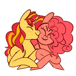 Size: 600x600 | Tagged: safe, artist:lapis, derpibooru import, pinkie pie, sunset shimmer, earth pony, pony, unicorn, eyes closed, female, kiss on the cheek, kissing, lesbian, lying, mare, shipping, smiling, snuggling, sunsetpie
