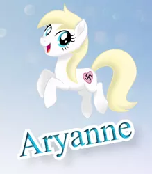 Size: 468x534 | Tagged: safe, derpibooru import, oc, oc:aryanne, unofficial characters only, earth pony, pony, my little pony: the movie, /mlpol/, female, happy, heart, heart shaped, jumping, mlp movie pony maker, nazi, simple background, solo, swastika