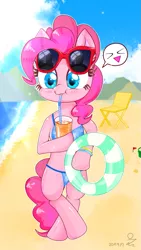 Size: 743x1320 | Tagged: safe, artist:yunyeyoung, derpibooru import, pinkie pie, pony, beach, bipedal, drink, inner tube, solo, straw, sunglasses