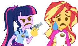 Size: 1024x608 | Tagged: semi-grimdark, derpibooru import, edit, part of a set, sunset shimmer, twilight sparkle, equestria girls, legend of everfree, angry, breasts, emoji, emoji ponies, everfree forest, face swap, gun, handgun, meme, part of a series, pistol, sad, shitposting, simple background, threatening, transparent background, weapon