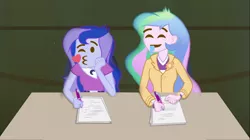 Size: 1100x618 | Tagged: safe, derpibooru import, edit, edited screencap, part of a set, screencap, princess celestia, princess luna, equestria girls, rainbow rocks, blowing a kiss, drool, emoji, emoji ponies, face swap, meme, part of a series, shitposting