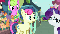 Size: 960x540 | Tagged: safe, derpibooru import, screencap, bon bon, daisy, flower wishes, lily, lily valley, rarity, roseluck, sweetie drops, earth pony, pony, unicorn, it isn't the mane thing about you, :o, amused, animated, background pony, bon bon is amused, boop, boop bon, cute, female, flower, flower trio, frown, gif, grin, lidded eyes, mare, nose wrinkle, open mouth, smiling, talking, wide eyes