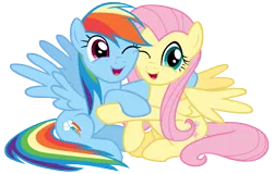 Size: 14100x9000 | Tagged: safe, artist:tardifice, derpibooru import, fluttershy, rainbow dash, pegasus, pony, fame and misfortune, absurd resolution, cute, dashabetes, female, hug, looking at you, mare, one eye closed, shyabetes, simple background, smiling, transparent background, vector