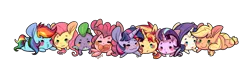 Size: 2099x600 | Tagged: safe, artist:phyllismi, derpibooru import, applejack, fluttershy, pinkie pie, rainbow dash, rarity, spike, starlight glimmer, sunset shimmer, twilight sparkle, twilight sparkle (alicorn), alicorn, dragon, earth pony, pegasus, pony, unicorn, chibi, eyes closed, female, lesbian, mane eight, mane six, open mouth, rarijack, shipping, simple background, smiling, sunsetsparkle, transparent background