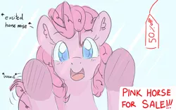 Size: 3200x2000 | Tagged: safe, artist:periodicbrony, derpibooru import, pinkie pie, earth pony, pony, against glass, bronybait, descriptive noise, excited, for sale, glass, happy, high res, horse noises, ponies for sale, solo