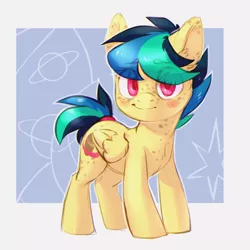 Size: 1000x1000 | Tagged: safe, artist:lightning-stars, derpibooru import, oc, oc:apogee, unofficial characters only, pegasus, pony, blushing, colored pupils, cute, cutie mark, eye clipping through hair, eyebrows visible through hair, female, filly, freckles, looking at you, ocbetes, smiling, solo