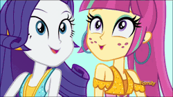Size: 1920x1080 | Tagged: safe, derpibooru import, screencap, rarity, sour sweet, dance magic, equestria girls, spoiler:eqg specials, animated, cute, discovery family logo, duo, ear piercing, earring, female, freckles, gif, hooped earrings, invisible stallion, jewelry, piercing, raribetes, sourbetes