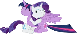 Size: 6738x3001 | Tagged: safe, artist:cloudyglow, derpibooru import, rarity, twilight sparkle, twilight sparkle (alicorn), alicorn, pony, unicorn, fame and misfortune, absurd resolution, eyes closed, female, hug, mare, simple background, transparent background, vector