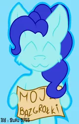 Size: 550x859 | Tagged: safe, artist:emilunika, derpibooru import, oc, unofficial characters only, pony, :3, blue, cheek fluff, eyes closed, limited palette, not pinkie pie, pinkie pie mane, polish, sign, solo