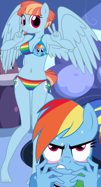 Size: 6000x11000 | Tagged: absurd resolution, angry, anthro, armpits, artist:evilfrenzy, barefoot, bedroom, belly button, bikini, both cutie marks, breasts, busty windy whistles, clothes, derpibooru import, duo, duo female, embarrassed, feet, female, milf, plantigrade anthro, rainbow dash, rainbow dash bikini, rainbow dash is not amused, rainbow swimsuit, suggestive, sweat, swimsuit, unamused, windy whistles