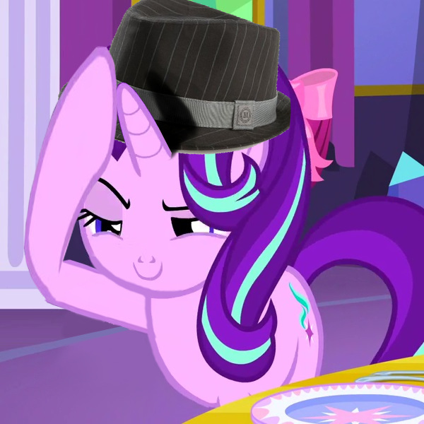 Size: 600x600 | Tagged: safe, derpibooru import, edit, edited screencap, screencap, starlight glimmer, pony, unicorn, no second prances, boop, cropped, exploitable meme, fedora, female, glimmerposting, hat, lidded eyes, m'lady, mare, meme, raised eyebrow, self-boop, smiling, smirk, solo