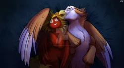 Size: 1600x889 | Tagged: safe, artist:dragonfoxgirl, derpibooru import, oc, unofficial characters only, gryphon, pegasus, pony, chest fluff, colored wings, colored wingtips, cute, floppy ears, fluffy, grass, grin, hug, interspecies, leg fluff, lidded eyes, looking up, night, oc x oc, on back, open mouth, shipping, smiling, snuggling, spread wings, stargazing, watermark, winghug, wings