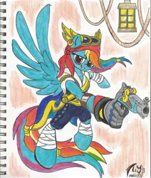 Size: 1960x2312 | Tagged: safe, artist:brekrofmadness, derpibooru import, rainbow dash, pegasus, pony, my little pony: the movie, bandage, female, gun, handgun, hooves, mare, mechanical hands, pirate rainbow dash, revolver, rope, solo, spread wings, teeth, traditional art, weapon, wings