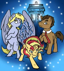 Size: 1082x1200 | Tagged: safe, artist:kaemantis, deleted from derpibooru, derpibooru import, derpy hooves, doctor whooves, sunset shimmer, time turner, earth pony, pegasus, pony, unicorn, doctor who, female, male, mare, stallion, tardis, trio