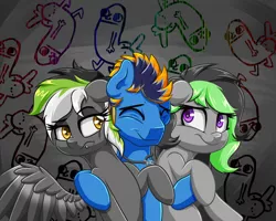 Size: 2500x2000 | Tagged: safe, artist:blues4th, derpibooru import, oc, oc:blues, oc:elli, oc:graphite sketch, unofficial characters only, pegasus, pony, :t, dickbutt, eyes closed, female, floppy ears, frown, hug, jewelry, male, mare, necklace, piercing, raised eyebrow, smiling, spread wings, stallion, unamused, wings