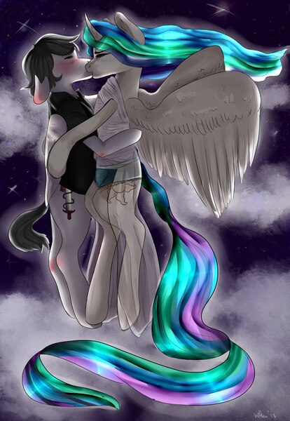 Size: 1490x2160 | Tagged: artist needed, safe, derpibooru import, princess celestia, oc, oc:light knight, alicorn, pegasus, pony, canon x oc, clothes, cloud, eyes closed, female, flying, kissing, lightestia, male, mare, night, shirt, sky, stallion, stars, windswept mane