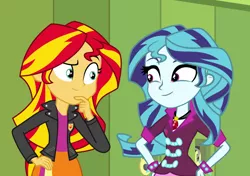 Size: 884x622 | Tagged: safe, artist:3d4d, derpibooru import, edit, edited screencap, screencap, sonata dusk, sunset shimmer, equestria girls, alternate hairstyle, female, hair swap, lesbian, shipping, sunata