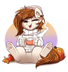 Size: 924x981 | Tagged: safe, artist:confetticakez, derpibooru import, oc, oc:raven sun, unofficial characters only, autumn, autumn leaves, beanie, clothes, coffee, cute, featureless crotch, female, hat, mare, pumpkin, simple background, sitting, smiling, solo, sweater, underhoof