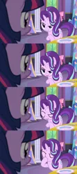 Size: 1920x4320 | Tagged: safe, derpibooru import, screencap, starlight glimmer, twilight sparkle, twilight sparkle (alicorn), alicorn, unicorn, no second prances, boop, bun, castle, exploitable meme, eyes closed, glimmerposting, meme, plate, self-boop, smug