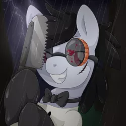 Size: 800x800 | Tagged: artist:pearlyiridescence, blood, blood on goggles, blood splatter, bonesaw, bowtie, clothes, derpibooru import, forest, gloves, goggles, grin, icon, latex, latex gloves, lightning, male, night, oc, oc:commissar junior, rain, scar, semi-grimdark, shirt, smiling, stallion, unofficial characters only