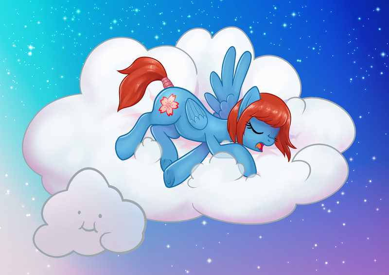 Size: 1280x905 | Tagged: safe, artist:pencils, derpibooru import, oc, oc:sureibu, unofficial characters only, pegasus, pony, cloud, female, lying down, mare, open mouth, side, sleeping, stars, tail wrap