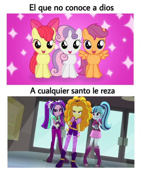 Size: 776x968 | Tagged: safe, artist:3d4d, derpibooru import, screencap, adagio dazzle, apple bloom, aria blaze, scootaloo, sonata dusk, sweetie belle, equestria girls, cutie mark crusaders, god, religion, spanish, text, the dazzlings