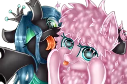 Size: 3000x2000 | Tagged: safe, artist:lavendermena, derpibooru import, queen chrysalis, oc, oc:fluffle puff, changeling, changeling queen, pony, canon x oc, chrysipuff, female, fluffy, lesbian, looking at you, mare, one eye closed, selfie, shipping, signature, silly, silly pony, simple background, tongue out, transparent background, wink