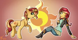 Size: 1600x833 | Tagged: safe, artist:juniormintotter, derpibooru import, sunset shimmer, pony, unicorn, equestria girls, cutie mark background, duo, female, human ponidox, mare, raised hoof, self ponidox, signature, sitting, surprised