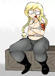 Size: 800x1100 | Tagged: artist needed, blonde, braid, cargo pants, chubby, clothes, crates, cute, derpibooru import, female, germany, human, human female, humanized, jackboots, nazi, oc, oc:aryanne, open mouth, pants, pigtails, plump, safe, solo, swastika, tanktop, unofficial characters only